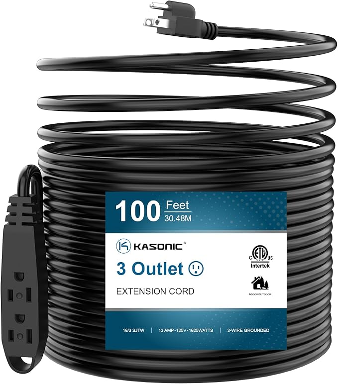 K KASONIC - 100-Feet 3 Outlet Extension Cord, UL Listed, 16/3 SJTW 3-Wire Grounded, 10 Amp 125 V 1625 Watts, Multi-Outlet Indoor/Outdoor Use, Black