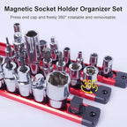 Magnetic Socket Holder Organizer Set:1/2-Inch Drive Socket Trays Socket, 360° Swivel 12 Clips Socket Holder Kit, For Automotive Mechanic Garage (Red)