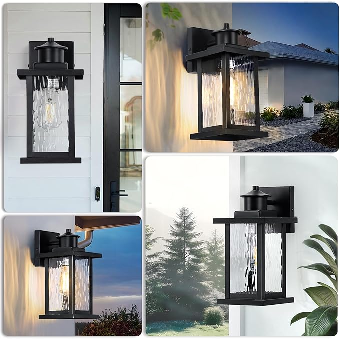 12'' Outdoor Light Fixture 2 Packs, Outdoor Wall Lights Exterior Wall Sconce with Water Ripple Glass, Waterproof Porch Light Lantern Wall Mounted, Modern Black Outside Lights for House Patio Garage