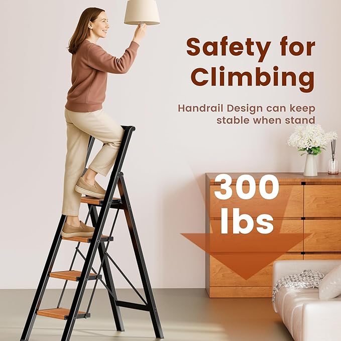 GameGem 4 Step Ladder, Lightweight Aluminum Folding Step Stool with Convenient Handgrip, Stepladders with Anti-Slip and Wide Pedal for Home Use Space Saving - Black+Woodgrain
