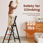 GameGem 4 Step Ladder, Lightweight Aluminum Folding Step Stool with Convenient Handgrip, Stepladders with Anti-Slip and Wide Pedal for Home Use Space Saving - Black+Woodgrain