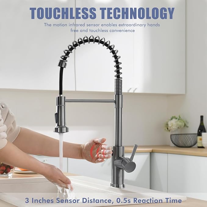 GIMILI Black Stainless Touchless Kitchen Faucet Motion Sensor Kitchen Faucets with Pull Down Sprayer Single Handle Kitchen Sink Faucet