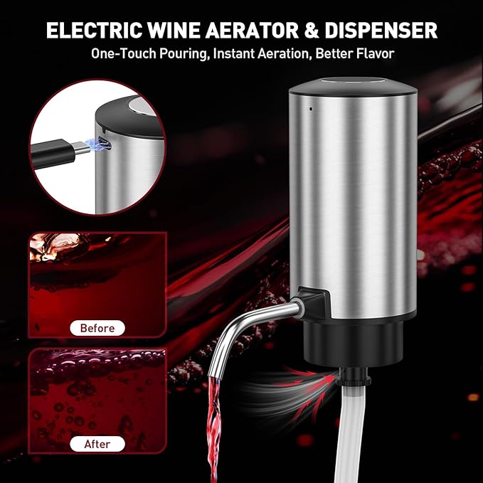 Secura Rechargeable Electric Wine Opener Set, 4-in-1 Wine Set with Electric Corkscrew Wine Opener, Electric Wine Aerator & Dispenser, Foil Cutter, Vacuum Wine Stopper for Wine Lovers, Silver