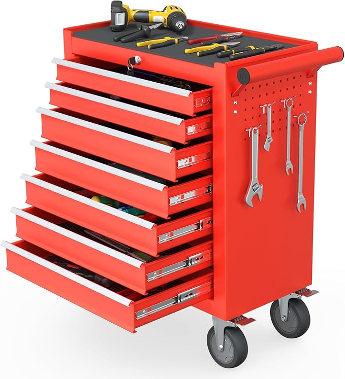 7-Drawer Rolling Tool Chest, Tool Box with 4 Wheels and Drawers, High Capacity Detachable Mobile Tool Storage Cabinet for Garage, Workshop, Mechanics and Repair Room (Red)