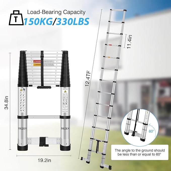 Telescoping Ladders 12.5 FT Aluminum Lsdder - One-Button Retraction Collapsible Extension Ladder for Home,RV,Attic,Lasts 330 LBS with Swivel Feet and Non-Slip Cushion