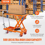 VEVOR Hydraulic Lift Table Cart, 500lbs Capacity 28.5" Lifting Height, Manual Single Scissor Lift Table with 4 Wheels and Non-Slip Pad, Hydraulic Scissor Cart for Material Handling, Orange