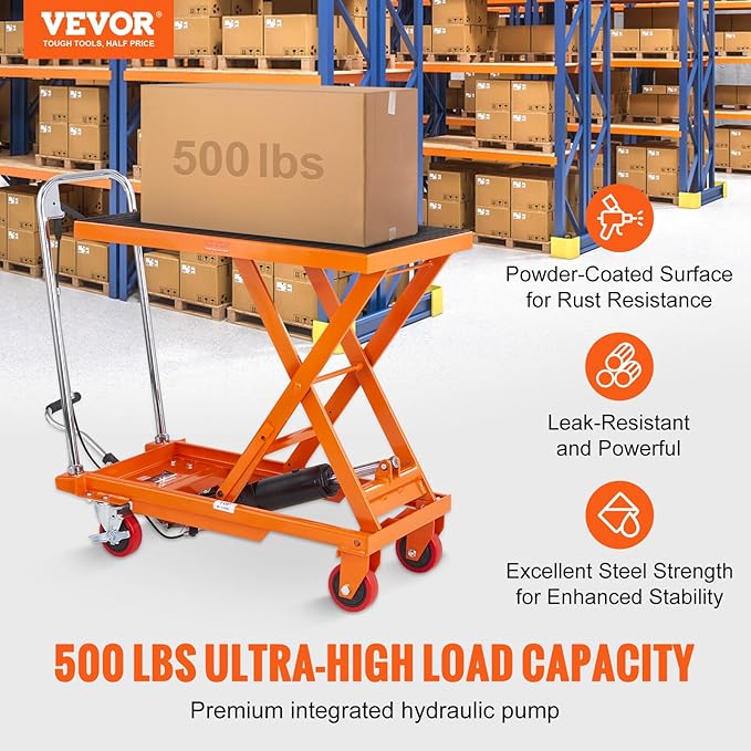 VEVOR Hydraulic Lift Table Cart, 500lbs Capacity 28.5" Lifting Height, Manual Single Scissor Lift Table with 4 Wheels and Non-Slip Pad, Hydraulic Scissor Cart for Material Handling, Orange