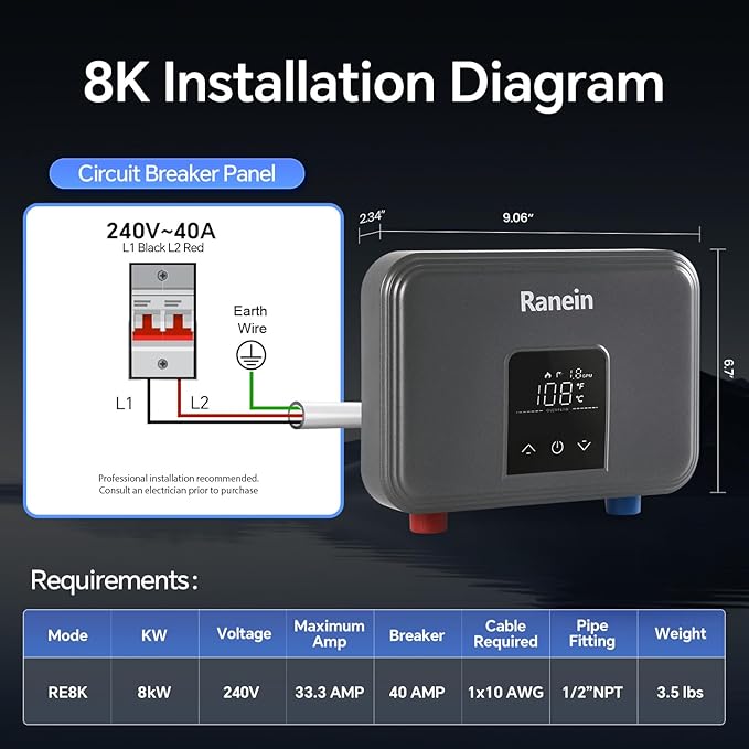 Ranein 8kW Tankless Electric Water Heater, 240V on Demand Instant Endless Thermostatic Water Heater with LED Temperature Display for Bathroom and Kitchen sink