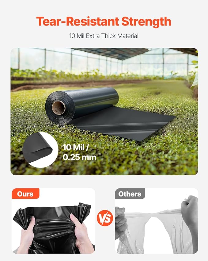 VEVOR 10 Mil Plastic Sheeting Heavy Duty 5' x 100', Thick Plastic Sheeting Roll, Plastic Drop Cloth Painters Tarp, Polyethylene Covering for Crawl Space Vapor Barrier, Multi-Purpose, Black