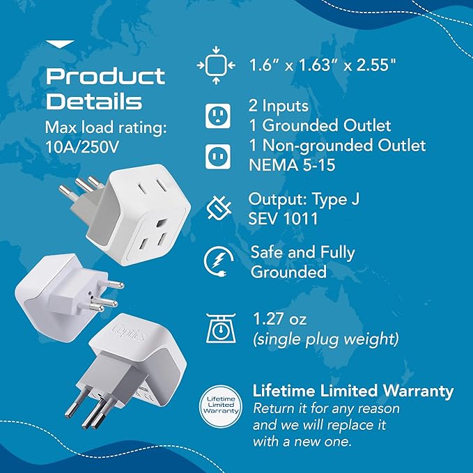 Ceptics Switzerland Travel Adapter Plug with Dual USA Input - Power - Type J (3 Pack) - Ultra Compact - Safe Grounded Perfect for Cell Phones, Laptops, Camera Chargers and More (CT-11A)