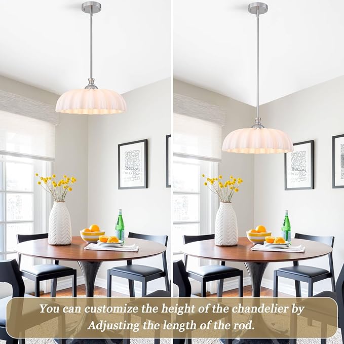 15.7" Vintage Flower Brushed Nickel Chandelier - Adjustable Height White Milk Glass Shades Pendant Light Fixture for Kitchen Island, Dining Room, Bedroom