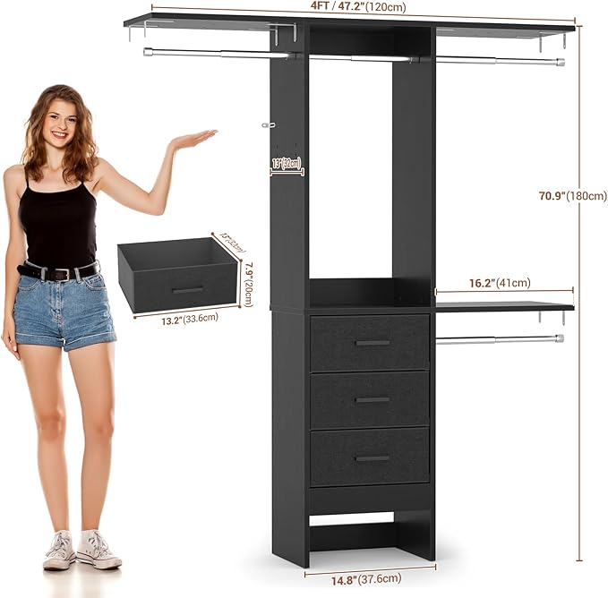 4FT Small Closet System with 3 Fabric Drawers, 48'' Closet Organizer System With 3 Adjustable Shelves, Flexible Built-In Clothes Garment Rack for Small Space, 48" L x 13" W x 71" H, Dark Black