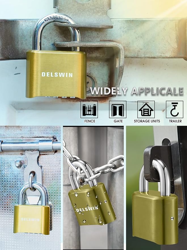 DELSWIN 4-Digit Combination Lock Outdoor Padlock - Heavy Duty Locker Lock with Hardened Steel Shackle, Waterproof Combo Lock for Gym Locker, Hasp Storage, Shed, Fence, Gate (Brass,2Pcs)