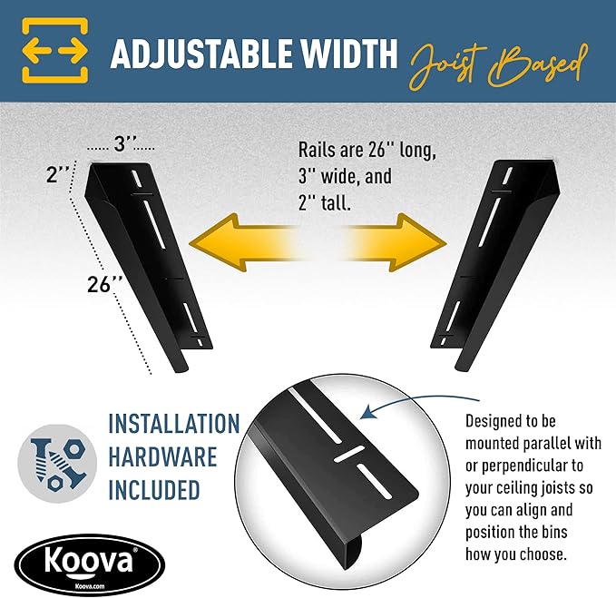 Koova Heavy-Duty Overhead Garage Storage Rack for 6 Bins. Adjustable Width, 240lb Capacity. DIY Safe Mount, Easy Install. Fits 27-Gallon Totes. USA Made Pro-Grade Steel. Space Saving Organizer