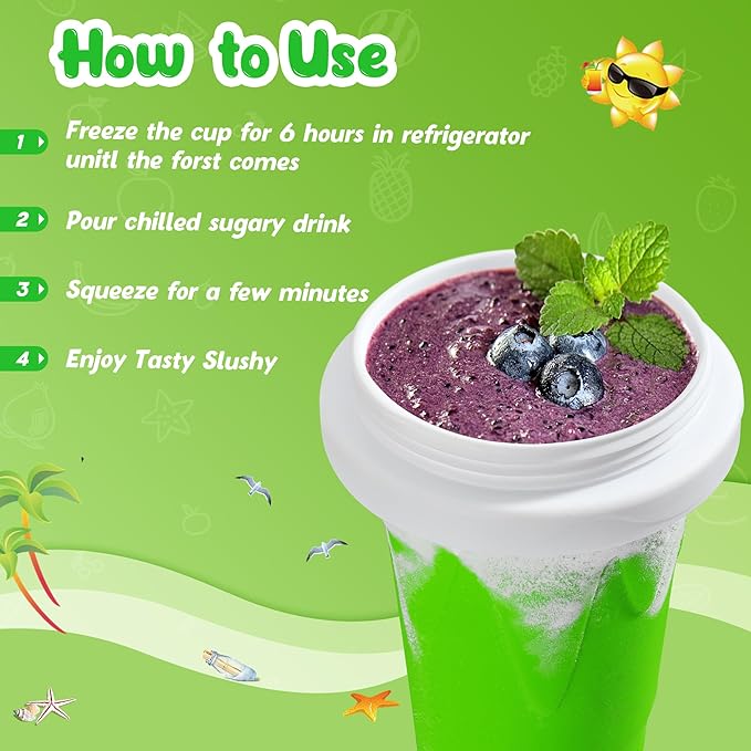 Tgosomt Slushie Maker Cups, Quick Magic Squeeze Slushy Cups, DIY Frozen Smoothies Cups, Juice Milk shake Yogurt Ice Cream Maker, Double Layers Cooling Cups, Cool Fun Gifts (Green)