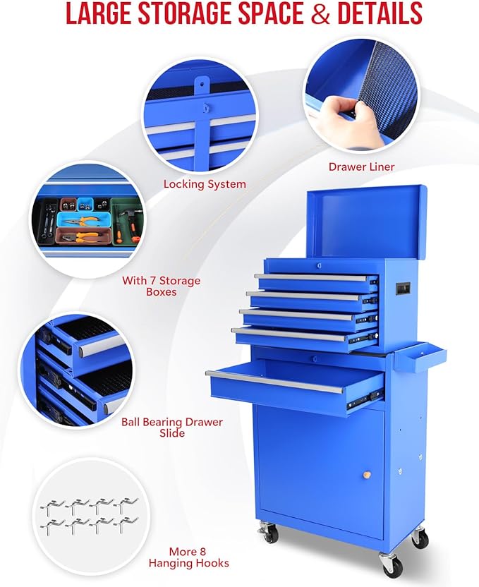2 in 1 Tool Chest with 5 Drawers, Tool Cart with 7 Organizer Tray Divider Set & Wheels, Large Rolling Tool Box Organizer for Garage, Workshop, Home Crafts