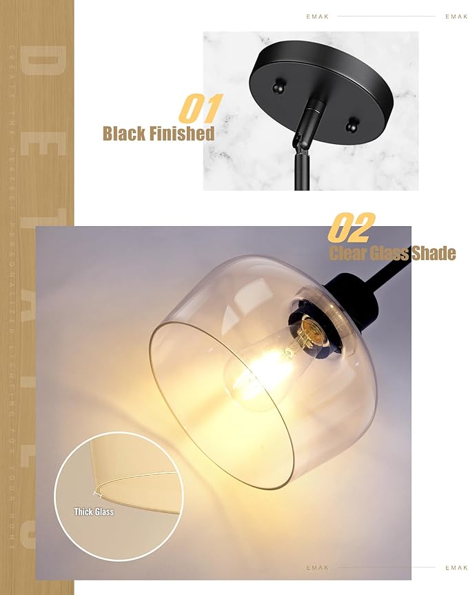 Emak 2 Pack Pendant Lights Kitchen Island, 8 Inch Black Pendant Light Fixtures with Clear Glass Shade, Modern Farmhouse Island Lights for Kitchen, Dining Room, Bar, PL122-BK-CG-2PK