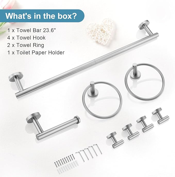 TQKAG 8-Pieces Bathroom Hardware Set Brushed Nickel SUS304 Stainless Steel Bath Towel Bar Set 23.6 Inch Round Bathroom Accessories Kit Wall Mounted