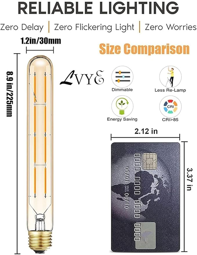 Dimmable Led Tubular Bulb,8.9inch Long Tube Edison Light Bulbs Vintage Filament Bulb 8W,75W Equivalent,2700K Warm White,Amber Glass Cover E26 Medium Base. (4-Pack)