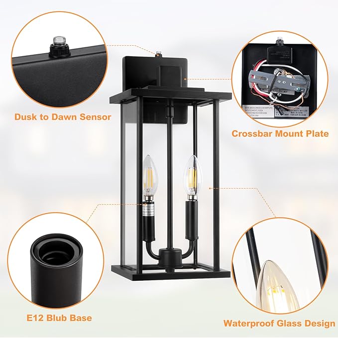 16" Large Dusk to Dawn Outdoo Wall Light Fixtures, Black 2-Pack Exterior Front Porch Light, 2-Light Outdoor Wall Sconce for Outside Patio, Waterproof Exterior Wall Lamp Lighting