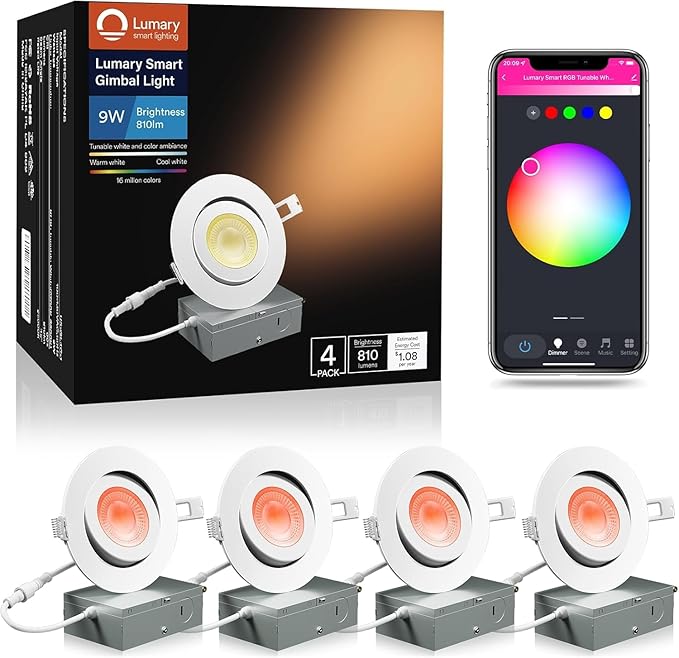 Lumary 4 Inch Smart Gimbal Recessed Lighting, 9W 810Lm ETL-Listed Eyeball Soffit Light, 40° Tilt Directional Color Changing LED Ceiling Downlight, Work with Alexa/Google Assistant, CRI 90+, 4Pack