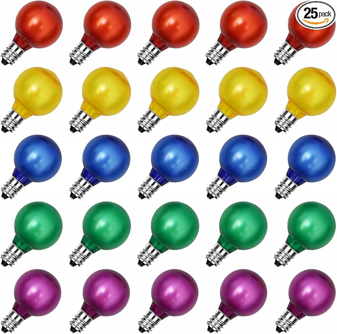 25 Pack G40 Frosted Multi-Color LED Replacement Bulbs, Shatterproof LED Globe Light Bulbs for Indoor Outdoor Christmas String Lights, 0.6W Energy Saving String Light Bulbs, E12/C7 Candelabra Base