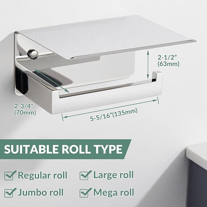 Toilet Paper Holder with Phone Shelf Polished Chrome, APLusee Bathroom Accessories 304 Stainless Steel Tissue Roll Dispenser Storage Wall Mounted