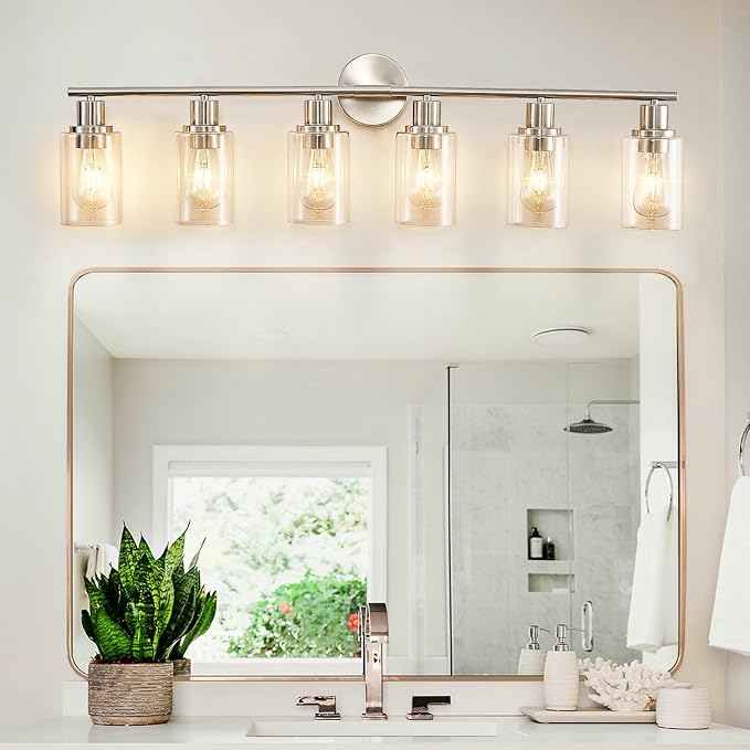 DLLT 6-Light Bathroom Light Fixtures: Nickel Modern Vanity Lights with E26 Bulbs - Clear Glass Shade Bathroom Wall Lamp for Mirror Kitchen Living Room Hallway Cabinet Porch