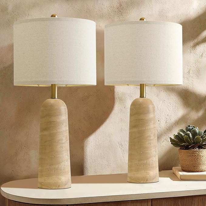 BOBOMOMO 27.25" Modern Table Lamp Set of 2, Beige Resin Lamp with Natural Stone Look, Travertine Lamps for Living Room with Linen Shades, Bedside Lamp for Bedroom, Living Room, Nightstand, Entryway