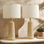 BOBOMOMO 27.25" Modern Table Lamp Set of 2, Beige Resin Lamp with Natural Stone Look, Travertine Lamps for Living Room with Linen Shades, Bedside Lamp for Bedroom, Living Room, Nightstand, Entryway