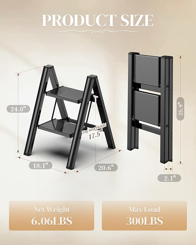 GameGem 2 Step Ladder, Folding Step Stool with Wider Pedal, Anti-Slip Feet & Non Slip Stripes, Aluminum Sturdy Material, 300Lbs Capacity, Elegant Look of Piano Black Better Matches Your Home