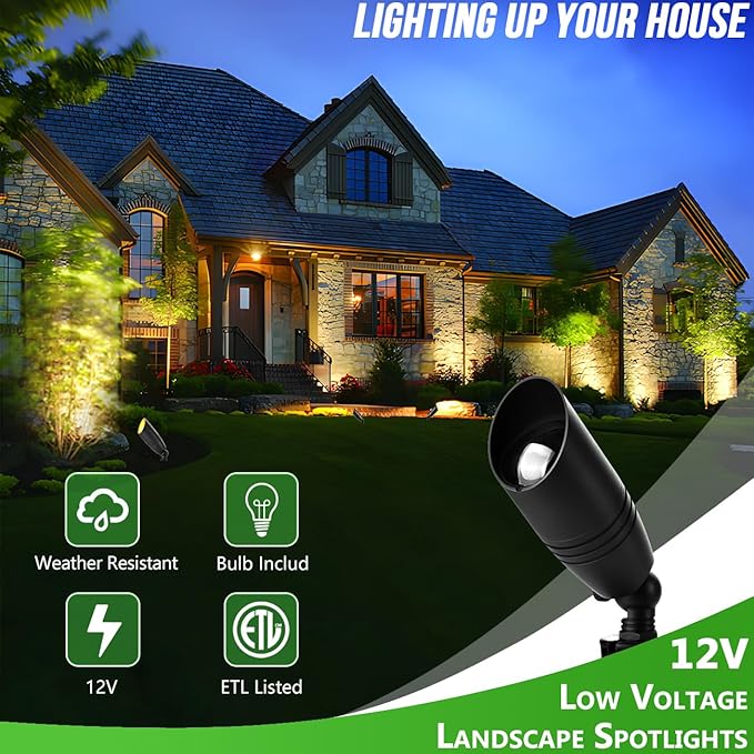 wowlite Landscape Spotlights Outdoor, 12V Low Voltage Landscape Lighting Fixture with 5W MR16 LED Bulb, Black Aluminum Yard Directional Uplights Waterproof for House Trees Patio