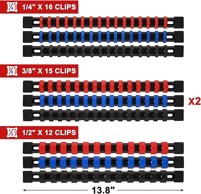 Mayouko 12PCS ABS Socket Organizer, Portable Socket Rail Holder for Toolbox, 1/4 Inch x 48 Clips, 3/8 Inch x 90, 1/2 Inch x 36