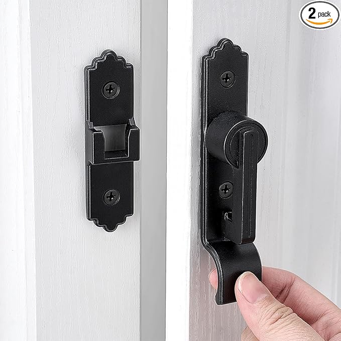 2 Packs 180 Degree Black Barn Door Lock, Flip Gate Latch with Handle, Heavy Sliding Door Latches, Door Security Sliding Latch Lock for Cabinets, Bathroom, Garden, Window, Garage