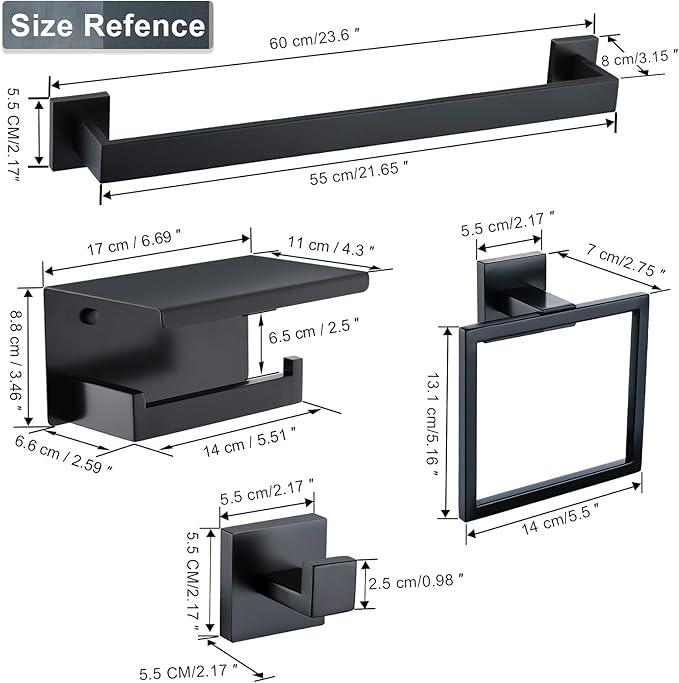 Bathroom Towel Bar Holder Sets Matte Black 4-Piece Bathroom Hardware Set Stainless Steel Bath Accessories Kit. Wall Mounted,23.6 Inch