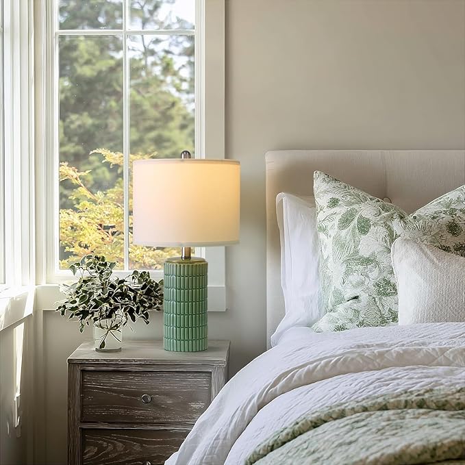 PoKat 20.75" Small Modern Ceramic Table Lamps Set of 2 for Bedroom, Green Bedside Lamps for Night Stands, Farmhouse House Decor Nightstand Table Lamps for Living Room End Table Green
