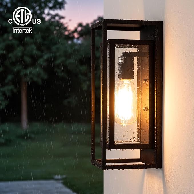mirrea 14" Classic Outdoor Wall Sconce 1 Light in Rectangular Metal Frame and Clear Glass Shade Waterproof Porch Light Patio Light Pack of 2 (Oil Rubbed Bronze)