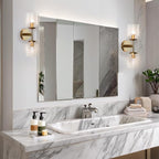 Minimalist Aged Brass Metal Double Wall Sconce, Modern Durable Ribbed Glass Shades Vanity Light, Bathroom Wall Mounted Light Beside Mirror, Wall Light for Hallway, Living Room (Brass)