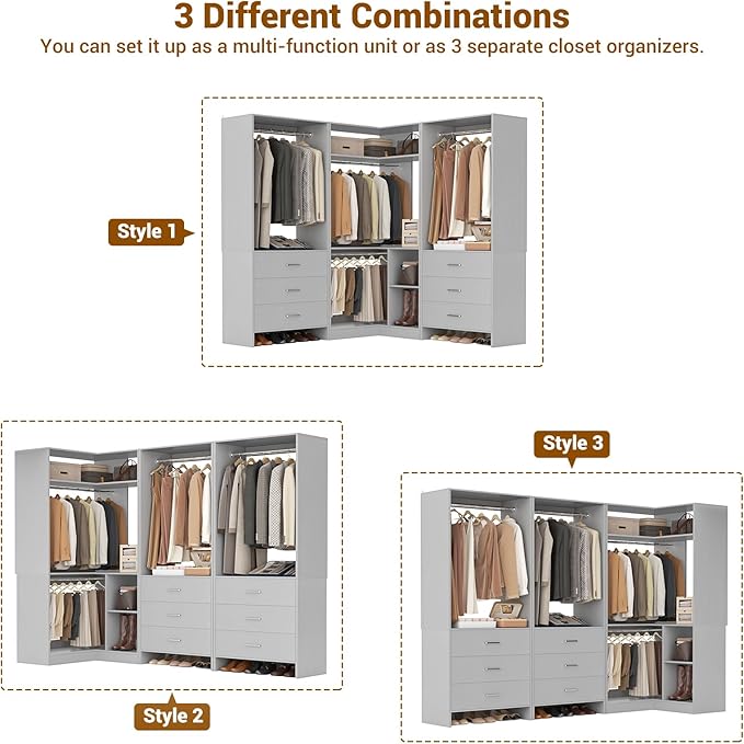 Aheaplus Closet System with 6 Drawers, 4 Hanging Rods & Corner Tower, Corner Closet System with Hanging,80.9" L-Shaped Walk-In Wardrobe Organizer, 2000+ lbs Capacity, Set of 3, Grey