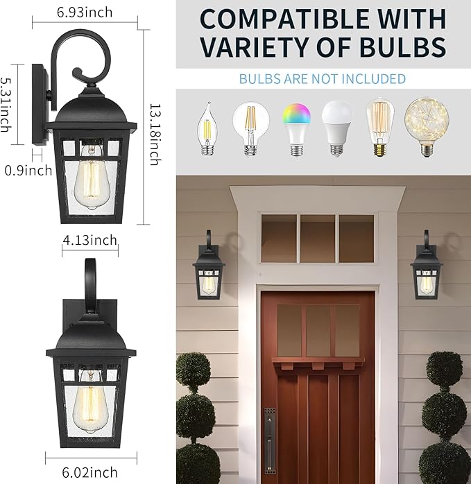 Front Porch Lights Outdoor Wall Lights Exterior Wall Sconce, Matte Black Exterior Light Fixtures Waterproof Farmhouse Outdoor Lighting Fixtures for House Garage Porch Patio 2 Pack