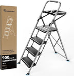 4 Step Ladder, Folding Step Stool with Tool Platform, Wide Anti-Slip Pedal and Anti-Slip Feet, Sturdiest Steel Construction, 900lbs Capacity Steel Ladder, Installation Free, Grey