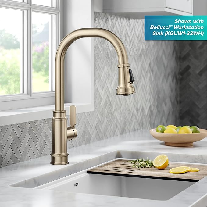 KRAUS Allyn Transitional Industrial Pull-Down Single Handle Kitchen Faucet in Spot-Free Antique Champagne Bronze, KPF-4101SFACB