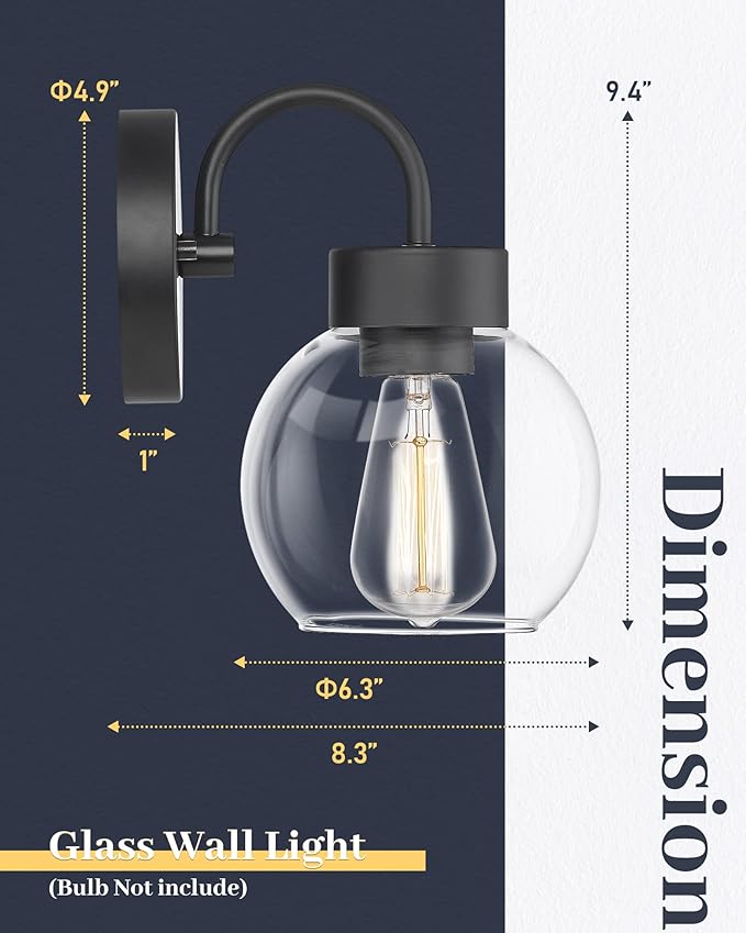 EAPUDUN 1-Light Matte Black Bathroom Light Fixtures Over Mirror, Vanity Lights with 1 Globe Clear Glass Shades, Industrial Style Wall Sconces, WLA1433-MBK
