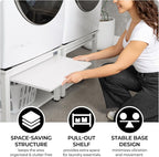 Washer and Dryer Pedestals with Pullout-Shelf - 29" W, 18" H, White Steel Universal Fit with Major Brands | Laundry Pedestal with Drain Pan & Hose | Washer Stand for Back Pain Relief, 800 lbs Capacity