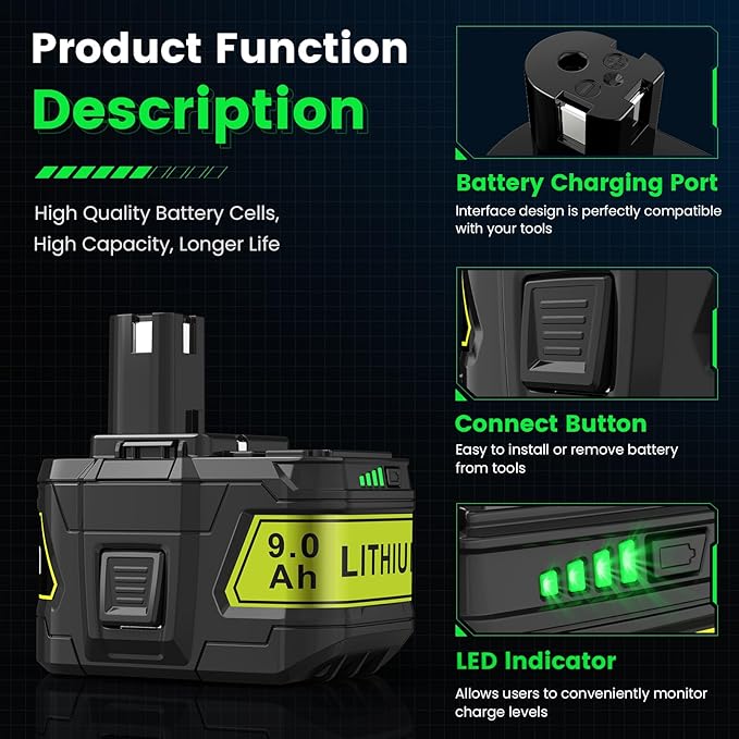 9.0Ah 18V P109 P108 P102 Replacement for Ryobi 18V Battery P103 P104 P105 P107 P106 18Volt ONE+ Lithium-Ion Cordless Power Tool Battery, 2Pack
