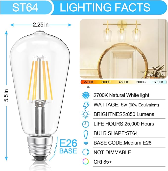 Ralbay ST64 E26 Vintage LED Edison Bulbs 60 Watt Equivalent 6-Pack, Bright Warm White Light 2700K, ST64 Antique LED Filament Bulbs, E26 Medium Base