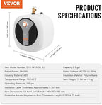 VEVOR Electric Mini-Tank Water Heater 2.5-Gallon Tank, 1440W Hot Water Boiler Storage, Safety Temperature Pressure Valve Easy Install, for Kichen Bathroom Restaurant, Shelf Wall Floor Mounted