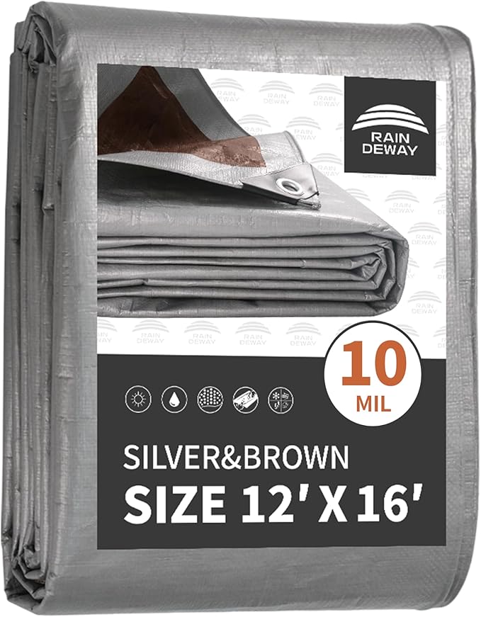 RAINDEWAY Tarps Heavy Duty Waterproof 12x16 Feet,10Mil Thick Multipurpose Poly Tarp Cover with Metal Grommets and Reinforced Edges,Silver/Brown Tarp