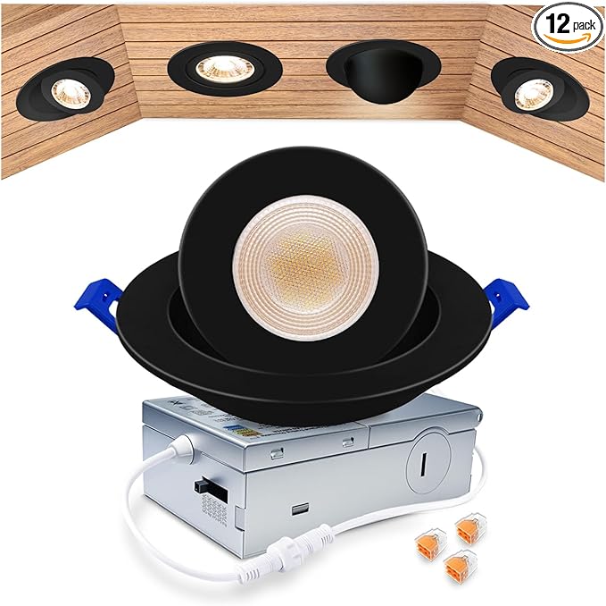 zouzai 4 inch 5CCT Gimbal Black Led Recessed Lights, 360°+90° Adjustable Directional Recessed Lighting, 2700K-5000K Dimmable Retrofit Eyeball Can Lights with Jbox, ETL&Energy Star(Black,1 Pack)