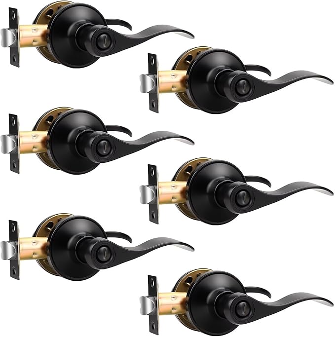 Knobonly 6 Pack Matte Black Privacy Door Levers Interior Door Handles for Bedroom and Bathroom Door Knobs Keyless Privacy Door Handles with Lock, Zinc Alloy Reversible for Right/Left